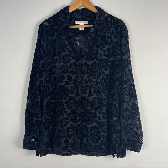 C.L.O.T.H.E.S. Burnout Velvet Floral Button Up Top Size XL Black Semisheer - Picture 1 of 10